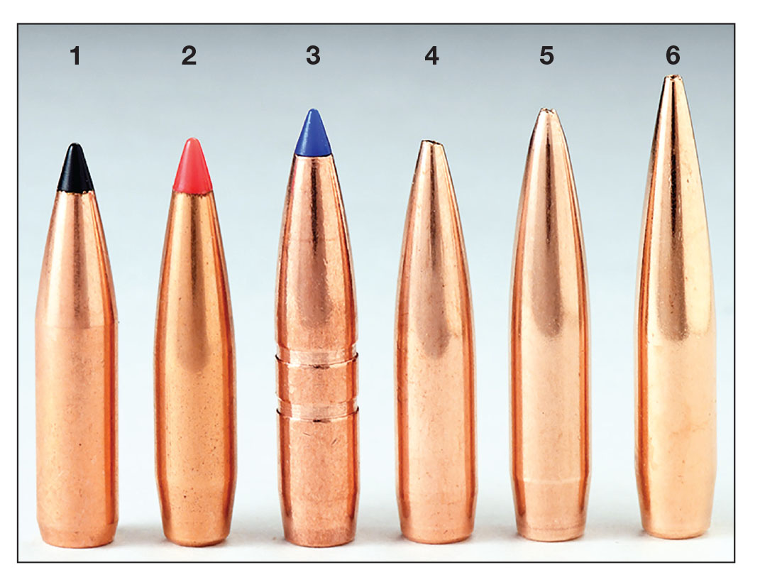 Bullets today are more streamlined than ever, and these shapes sometimes do not mate up well with some seating stem cavities. These are all .224 bullets: (1) Swift 75-grain Scirocco II, (2) Hornady 75-grain A-MAX, (3) Barnes 77-grain LRX BT, (4) Nosler 80-grain Custom Competition, (5) Sierra 90-grain HPBT and (6) Berger 90-grain VLD Target. Note the irregular angled meplat on the Nosler hollowpoint. Such an irregularity or burr can cause seating depth differences if the stem is pushing on the meplat.